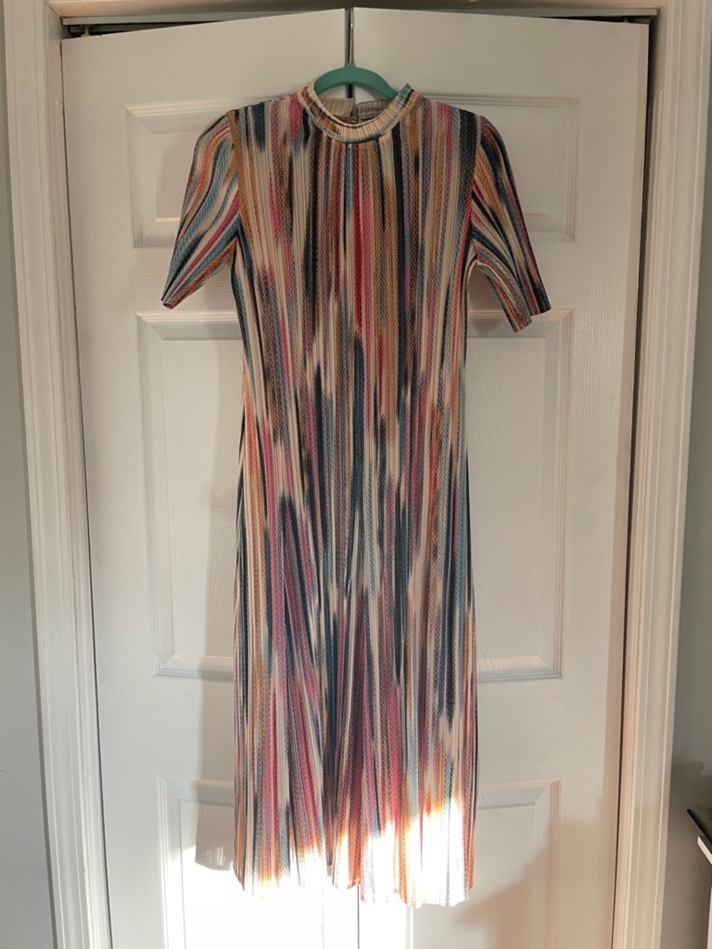 Vertical Multi-Color Stripe Midi Dress — Knit Short Sleeve